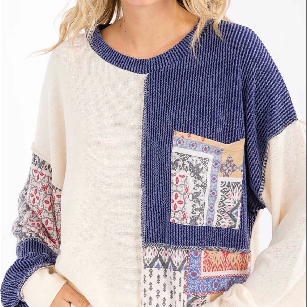 7th Ray Patchwork Colorblock Long Sleeve Top in Cream & Navy
